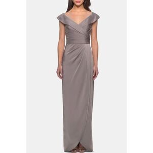 LA FEMME 25206 Ruched Long Jersey Maxi Dress Women's 4 Gray NWT
